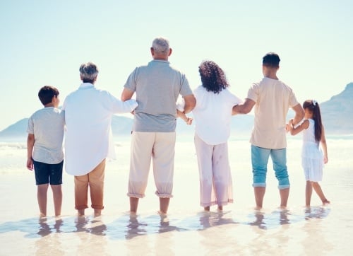 Back view of a family on the beach