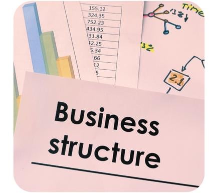 Business Structure typed and underlined on a piece of paper on top of pages of graphs, spreadsheet and handwritten structure map