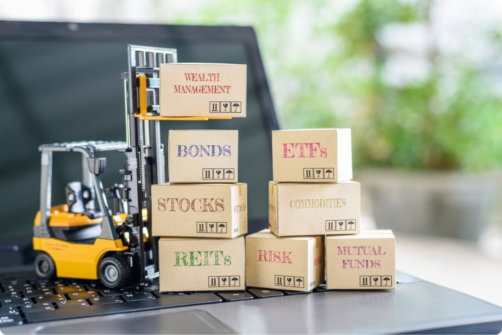 Toy Forklift with boxes label investment options